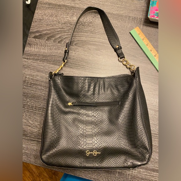 Jessica Simpson black faux snake skin gold studded shoulder bag purse tote EUC - Picture 8 of 16